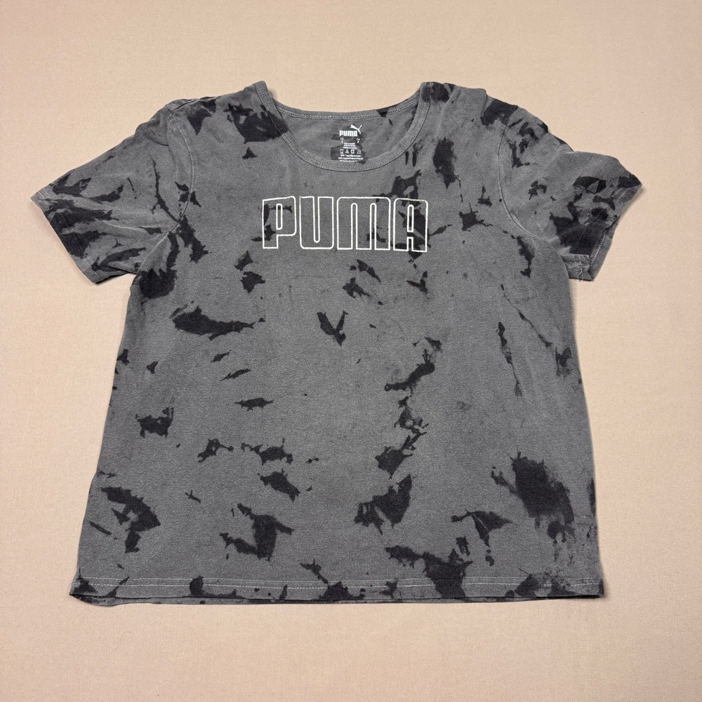 Puma Womens Graphic Tee Gray Black Tie Dye Acid Wash Short Sleeve Shirt Small